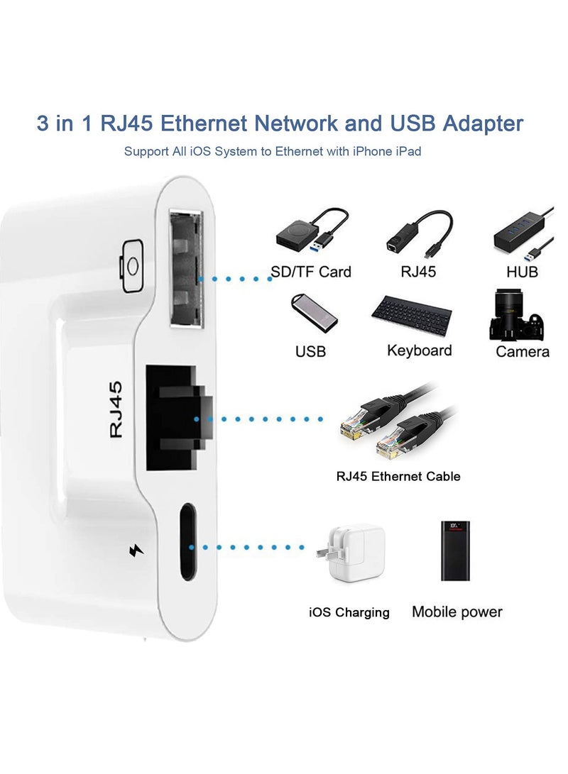 كاست ويف RJ45 Ethernet Adapter, OTG Charging Port RJ45 3-In-1 USB Wired Adapter for iPhone, Ipad Camera High-Speed Reader Cable Converter Hub - Image 3