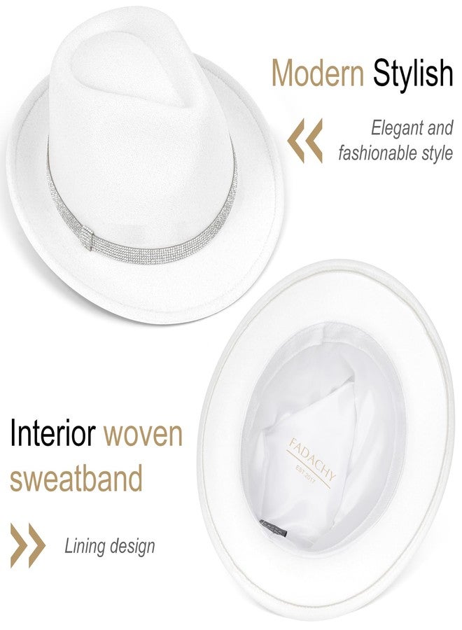 FADACHY Fedora Hats for Women & Men Trendy Short Brim Felt Hat with Rhinestone Belt Trilby Panama Dress Hat, White Fedora - Image 2