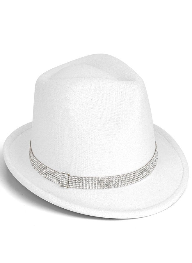 FADACHY Fedora Hats for Women & Men Trendy Short Brim Felt Hat with Rhinestone Belt Trilby Panama Dress Hat, White Fedora - Image 1