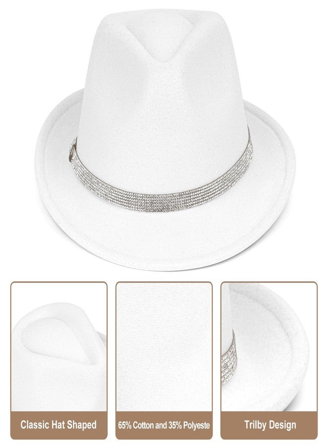 FADACHY Fedora Hats for Women & Men Trendy Short Brim Felt Hat with Rhinestone Belt Trilby Panama Dress Hat, White Fedora - Image 4