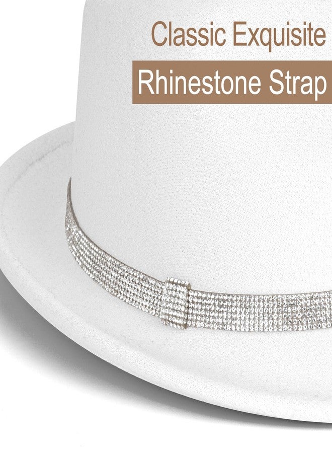 FADACHY Fedora Hats for Women & Men Trendy Short Brim Felt Hat with Rhinestone Belt Trilby Panama Dress Hat, White Fedora - Image 3