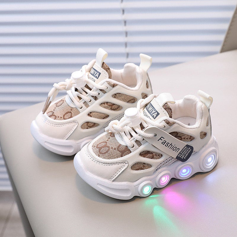 Spring and Autumn New Childrens Shoes with Luminous Straps for Girls, Breathable Light-Up Shoes for Kids Aged 1-6, Boys Trendy Sports Shoes Off-white - Image 1