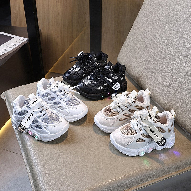 Spring and Autumn New Childrens Shoes with Luminous Straps for Girls, Breathable Light-Up Shoes for Kids Aged 1-6, Boys Trendy Sports Shoes Off-white - Image 5