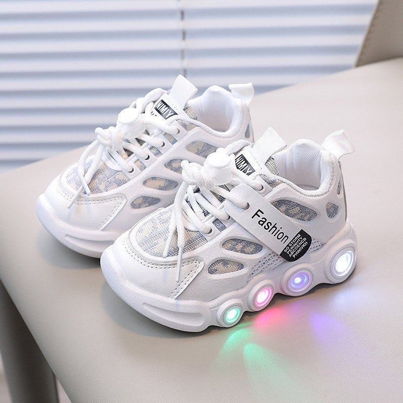Spring and Autumn New Childrens Shoes with Luminous Straps for Girls, Breathable Light-Up Shoes for Kids Aged 1-6, Boys Trendy Sports Shoes Off-white - Image 3