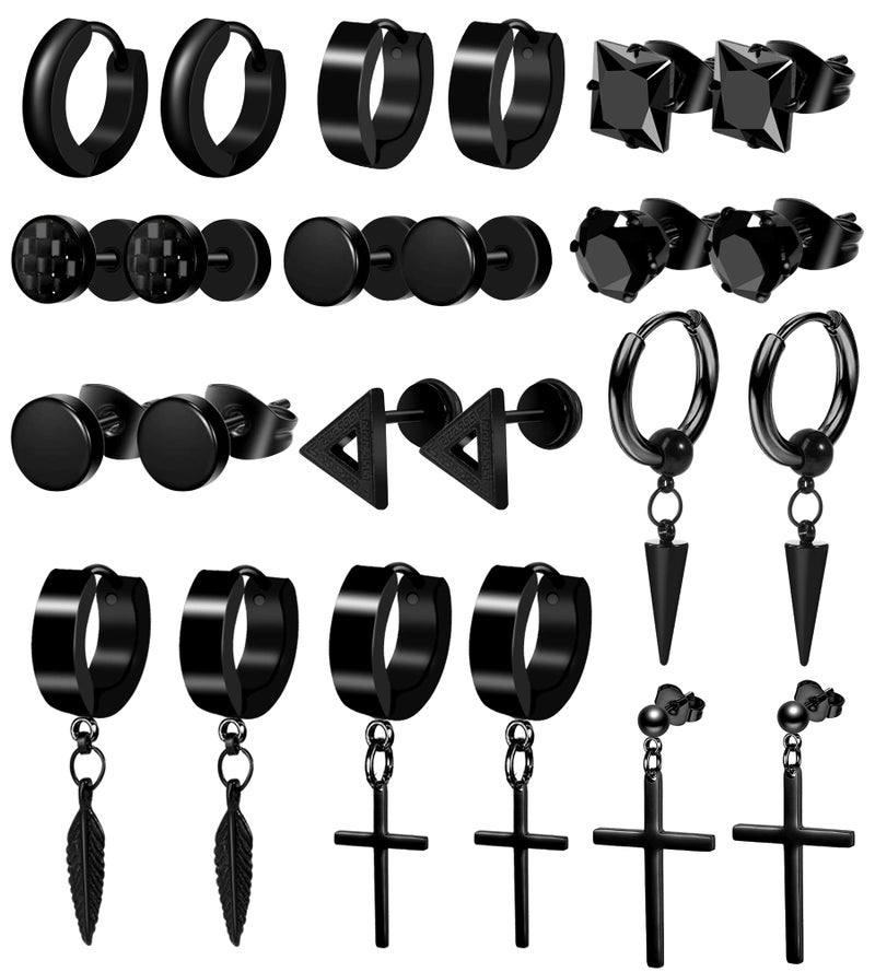 ONESING 12 Pairs Earrings for Men Black Stud Earrings Mens Earrings Black Hoop Earrings Stainless Steel Earrings Set Jewelry Piercings for Men Women - Image 1