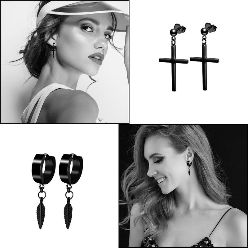 ONESING 12 Pairs Earrings for Men Black Stud Earrings Mens Earrings Black Hoop Earrings Stainless Steel Earrings Set Jewelry Piercings for Men Women - Image 5