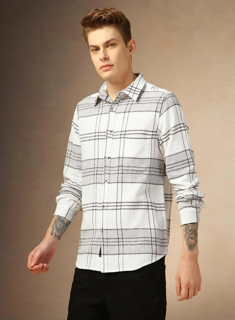 Dennis Lingo Men's Off White 100% Cotton Checkered Shirt