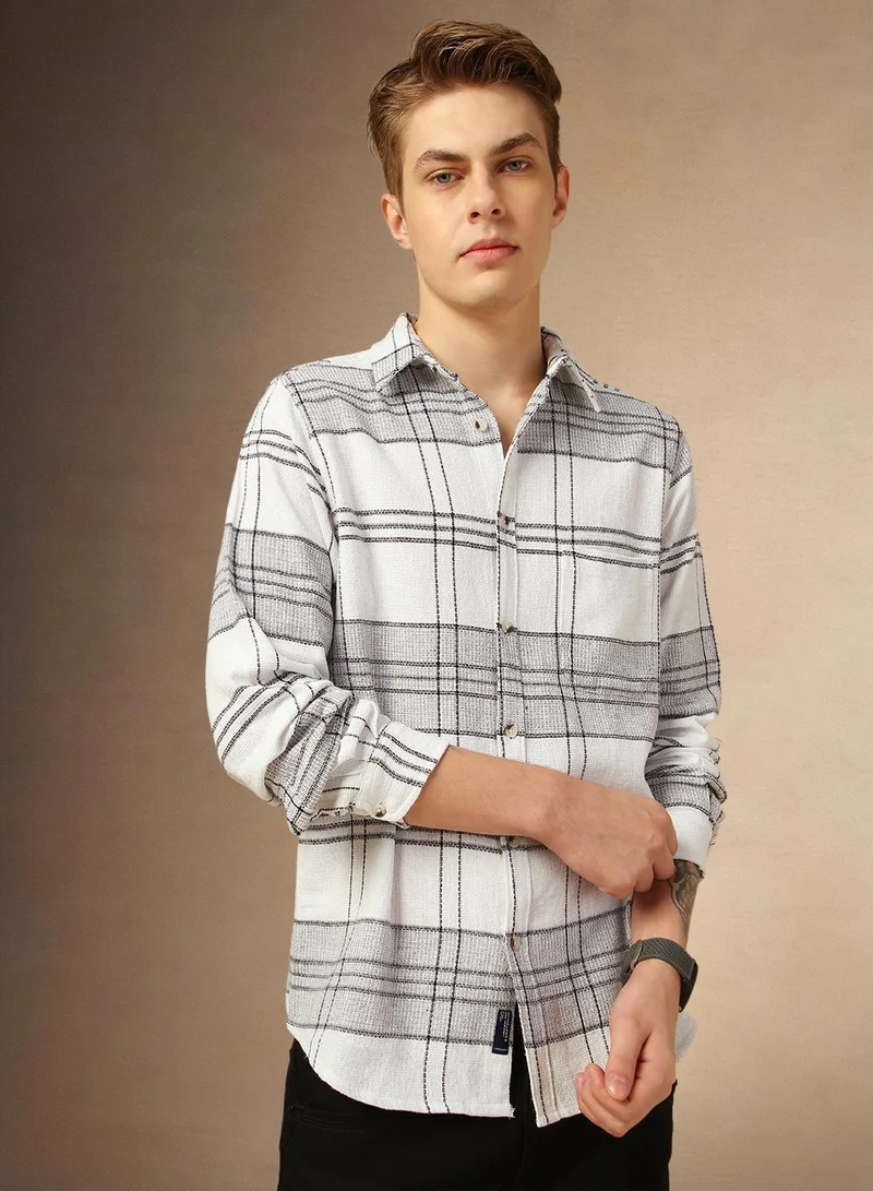 Dennis Lingo Men's Off White 100% Cotton Checkered Shirt