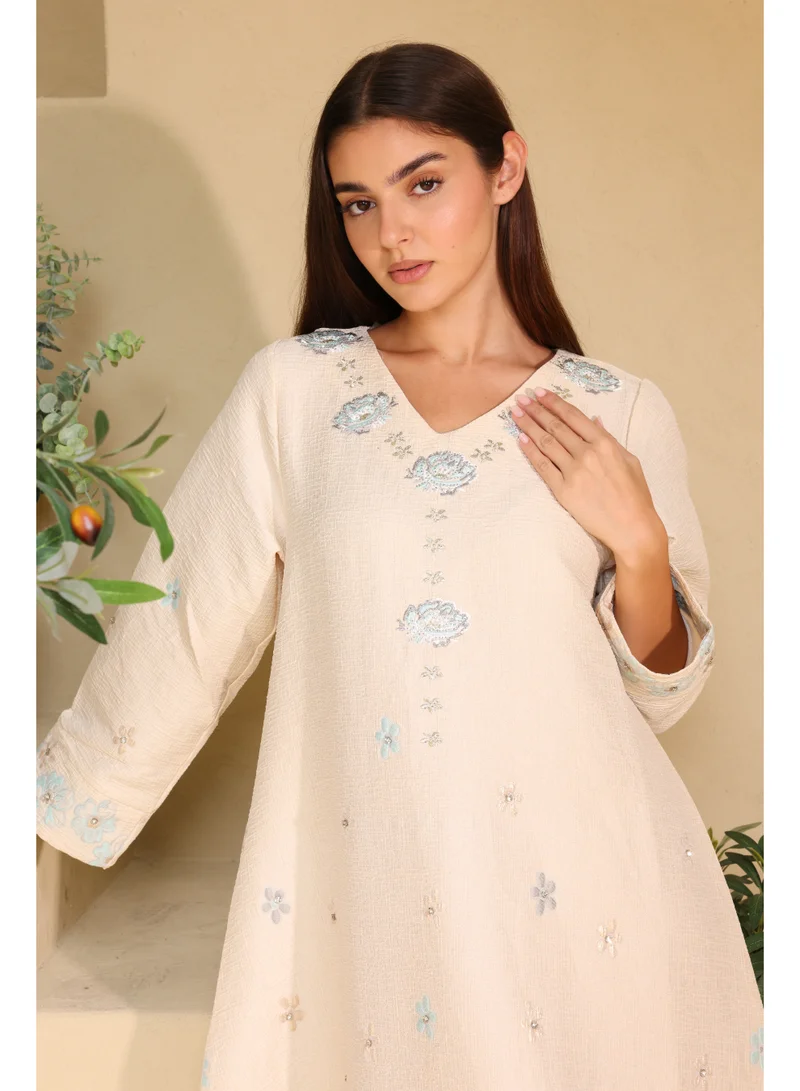 IKKXA Classic Floral Linen Fabric Jalabiya