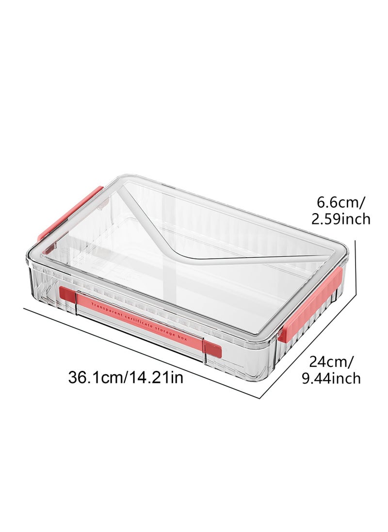 Excefore - Plastic Storage Bin with Lid Portable Project Case with Handle Stackable Certificate File Document Protector Transparent Box Clear Storage Box for A4 Letter Paper Photo Craft Scrapbook Red - Image 1