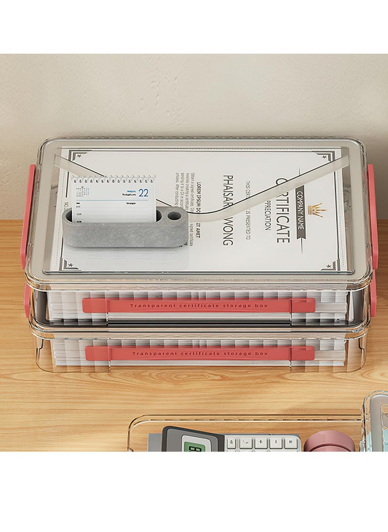 Excefore - Plastic Storage Bin with Lid Portable Project Case with Handle Stackable Certificate File Document Protector Transparent Box Clear Storage Box for A4 Letter Paper Photo Craft Scrapbook Red - Image 1
