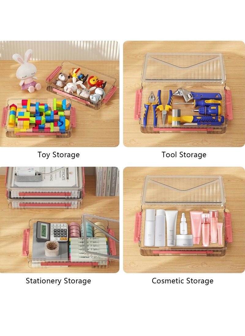 Excefore - Plastic Storage Bin with Lid Portable Project Case with Handle Stackable Certificate File Document Protector Transparent Box Clear Storage Box for A4 Letter Paper Photo Craft Scrapbook Red - Image 1