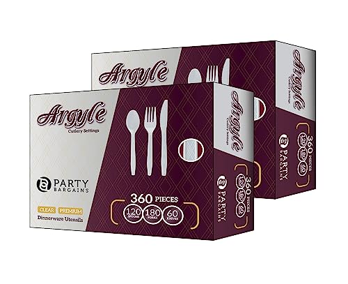 Party Bargains White Plastic Cutlery 720 pcs 360 Forks 240 Spoons 120 Knives Argyle Design Heavy Duty  Solid Disposable Silverware Utensils Combo Pack Set for Weddings Buffets Luncheons