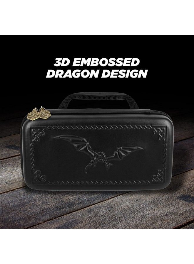 CASEMATIX Dice Box And Card Case For 9 Sets Of Rpg Dice Spell Cards Counters And Other Accessories Hard Shell Dice Holder With Embossed Dragon Design Carry Handle And Dice Tray Functionality  - Image 4
