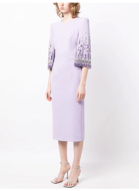 Elegant Lilac Bead - Embellished Dress, Half - Sleeves & Sheath Silhouette, Formal/Cocktail Outfit