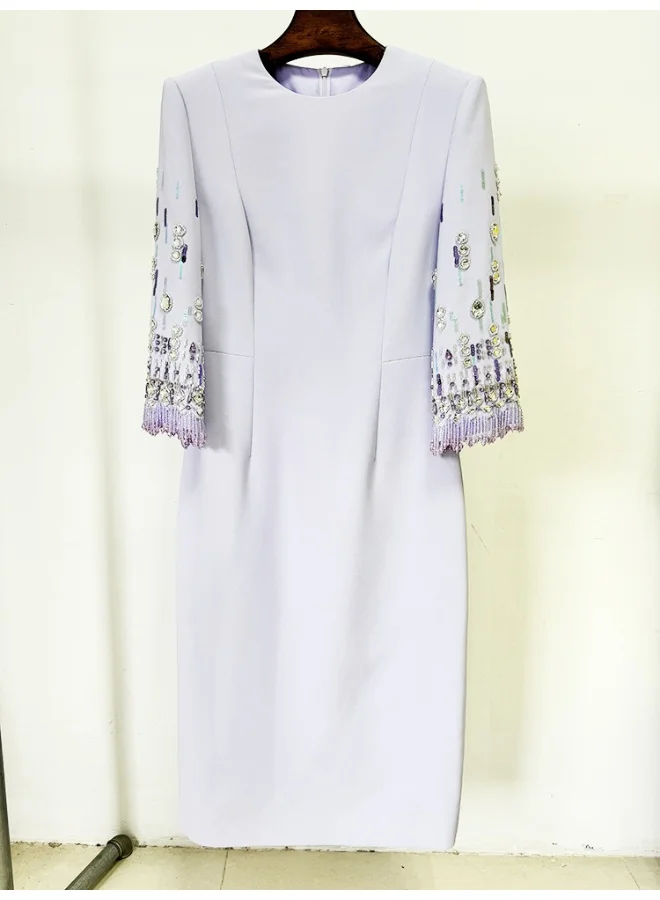 Madam Uniq Elegant Lilac Bead - Embellished Dress, Half - Sleeves & Sheath Silhouette, Formal/Cocktail Outfit