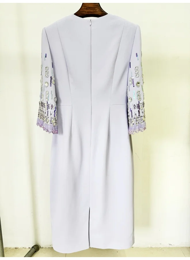 Madam Uniq Elegant Lilac Bead - Embellished Dress, Half - Sleeves & Sheath Silhouette, Formal/Cocktail Outfit