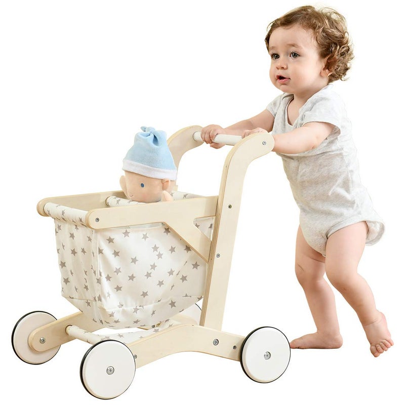 labebe Baby Push Walker Doll Stroller, Push Toy for Toddler, Shopping Cart for Girls and Boys 1 Years Old, Kids Stand Learning Walker, Wooden Play Wagon with Wheel, Larger Size 15.2 * 18.7 * 19.7 - Image 1