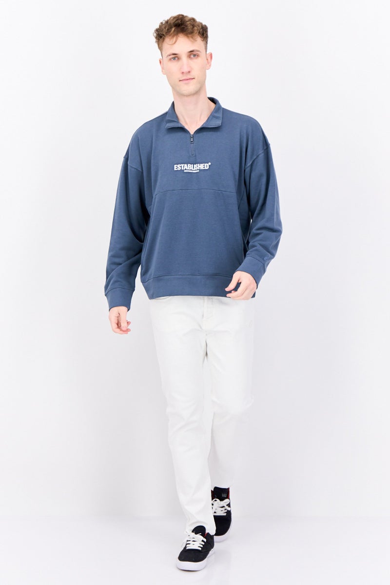 Established Redefining Essentials Men High Neck Long Sleeves Brand Logo Sweatshirt, Slate Blue - Image 4
