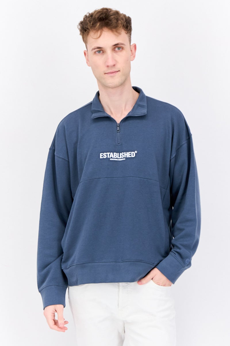 Established Redefining Essentials Men High Neck Long Sleeves Brand Logo Sweatshirt, Slate Blue - Image 1