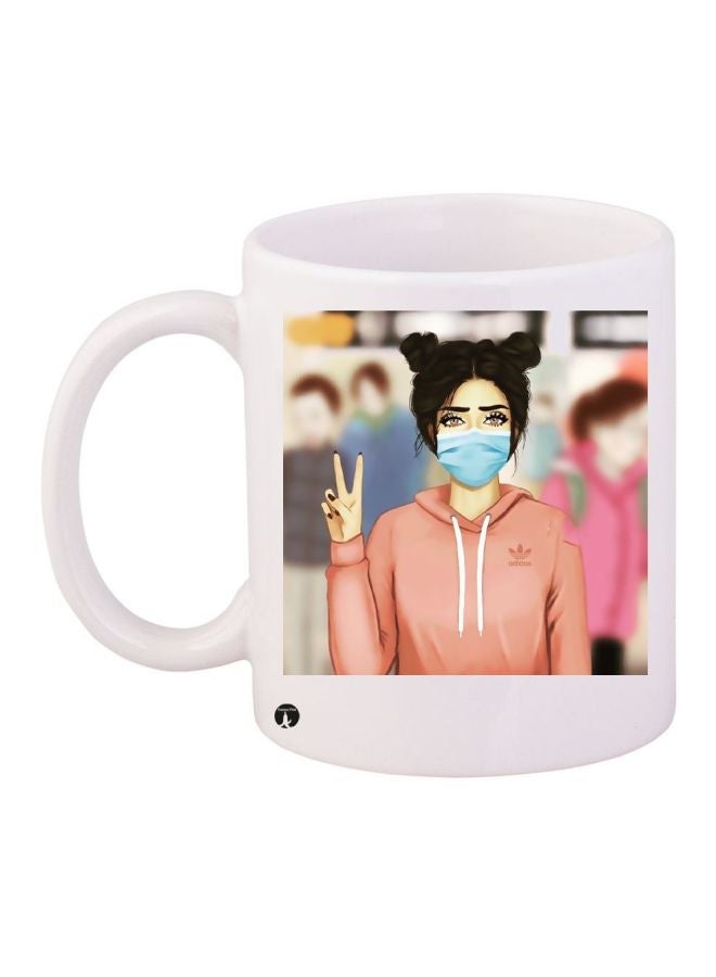 RYN Girl Wearing Mask Printed Coffee Mug White/Black/Pink 11ounce