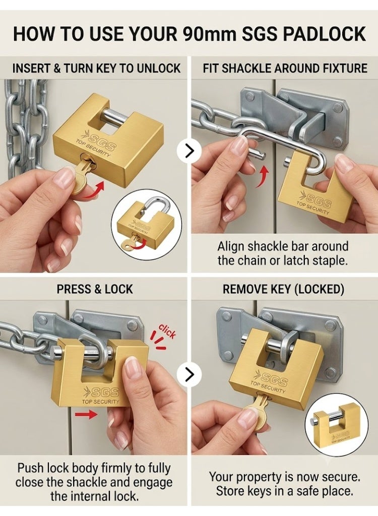 SGS 90mm Rectangular Pad Lock Gold Color - Image 3