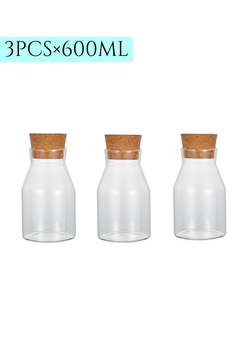 3Pcs Glass Bottles, 600ML Airtight Glass Jars Transparent Decoration Containers with Wood Cork Stoppers, Clear Storage Vials for Tea Coffee Spice Cereals Food Storage and Juice (3Pcs × 600ML) - Image 1
