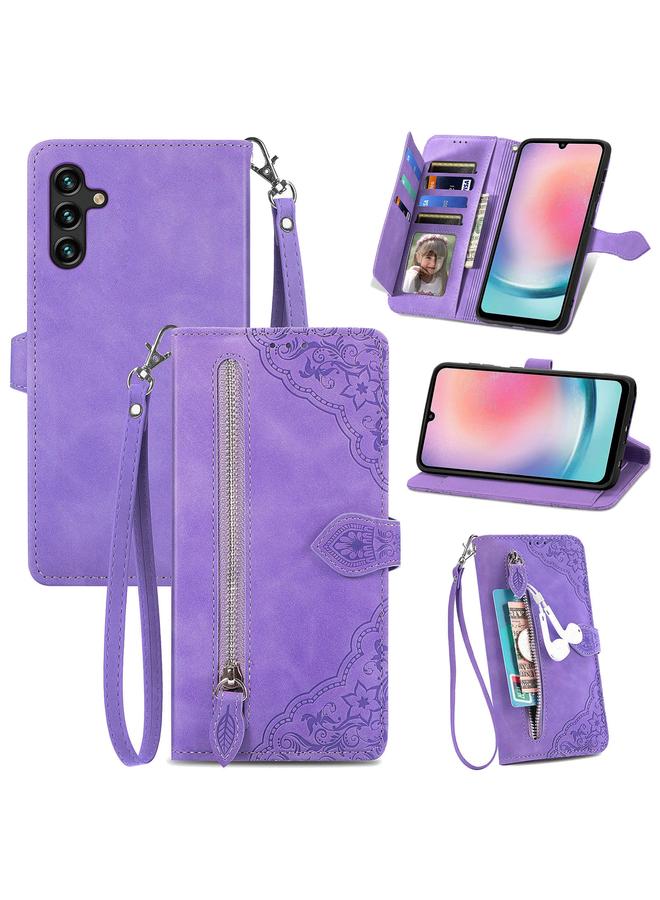 S-TOP Case For Samsung Galaxy A24 4G Embossed Flower Zipper Leather Phone Case - Image 1