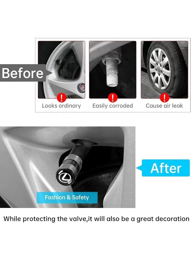 Tire Valve Stem Caps for Lexus ES350 GS350 GS300h GS450h is300 es350 ls460 rx350 NX300h Metal Car Wheel Air caps Auto Valve Stem Caps Accessories 4 Pcs Black