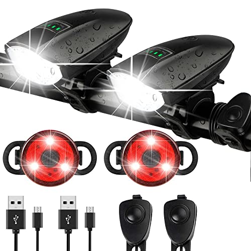 Favorbrite طقم أضواء دراجة 2 حزمة مع جرس 1400 لومن قابلة لإعادة الشحن عبر USB مصباح أمامي وخلفي للدراجة وجرس مقاوم للماء 3 أوضاع إضاءة تناسب مختلف الدراجات على الطرق والجبال (أسود + أسود) - Image 1