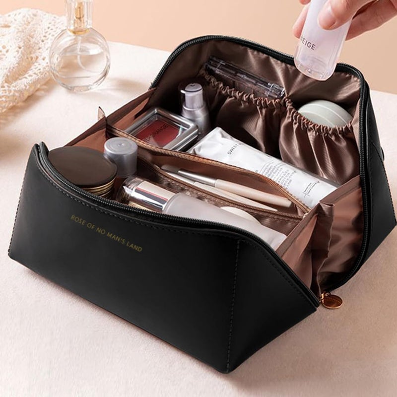 HOSICRON Travel Makeup Bag,Large Capacity Cosmetic Bags for Women,Waterproof Portable Pouch Open Flat Toiletry Bag Make up Organizer with Divider and Handle, Black, Simple - Image 3