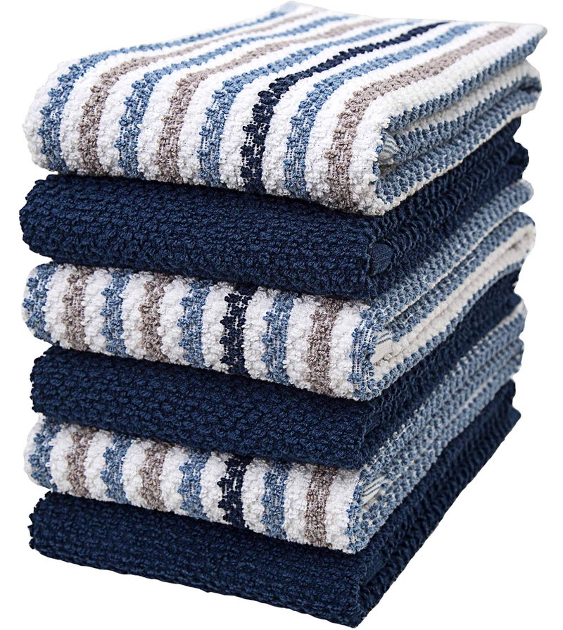 Premium Kitchen Towels 16x 26 6 Pack  Large Cotton Kitchen Hand Towels  Popcorn Striped Design  Dish Towels  430 GSM Highly Absorbent Tea Towels Set with Hanging Loop  Blue