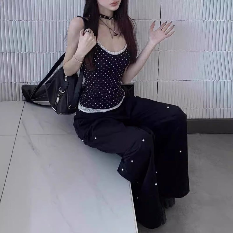 Polka Dot Camisole Top Women Summer Lace Trim Slim Fit Sleeveless - Image 4