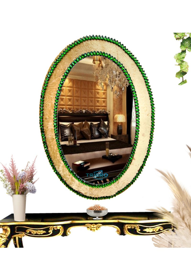 TriBro Oval Shape Handmade Wall Mirror on Gold and Green Color Decorative Mounting Wall Mirror for Bedroom Livingroom and Hallway Size 55.8 x 40.6cm x 10mm - Image 3