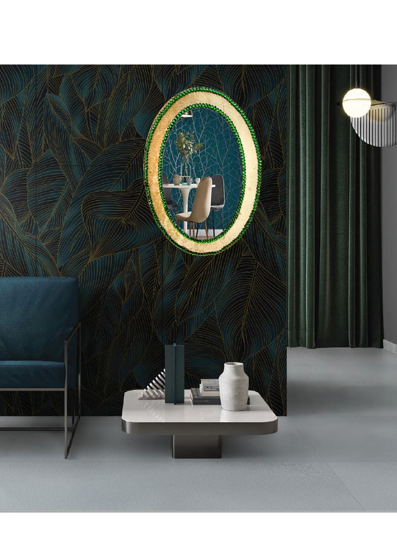 TriBro Oval Shape Handmade Wall Mirror on Gold and Green Color Decorative Mounting Wall Mirror for Bedroom Livingroom and Hallway Size 55.8 x 40.6cm x 10mm - Image 2