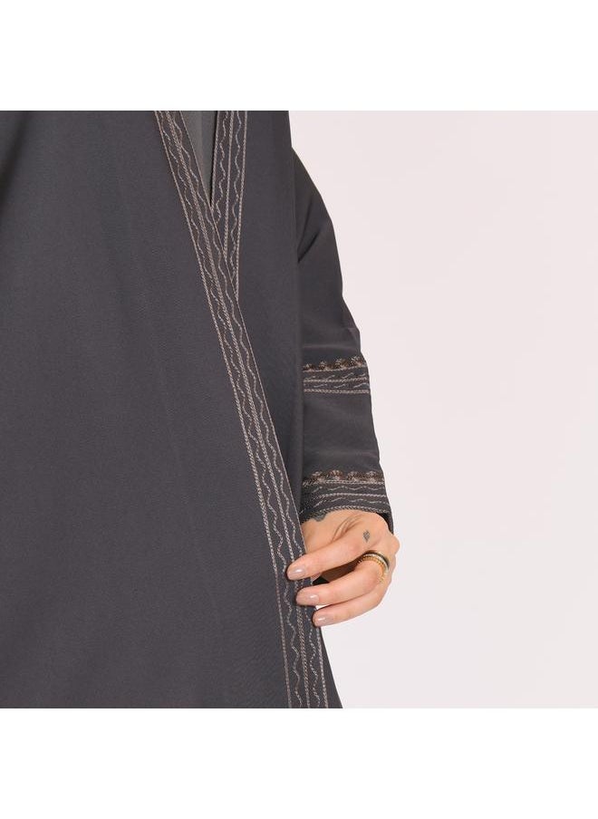 HAWRAA ABAYA - Grey abaya with grey embroidery and a pleat at the back - Image 1