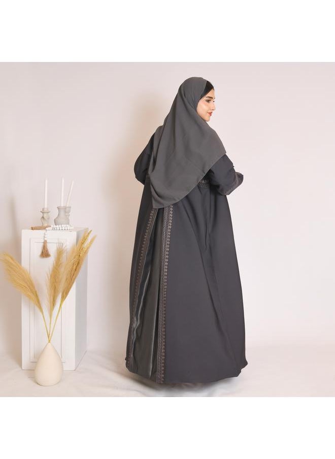 HAWRAA ABAYA - Grey abaya with grey embroidery and a pleat at the back - Image 1