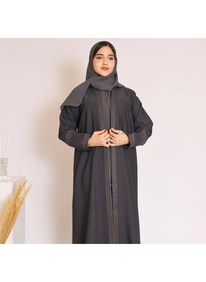 HAWRAA ABAYA - Grey abaya with grey embroidery and a pleat at the back - Image 1