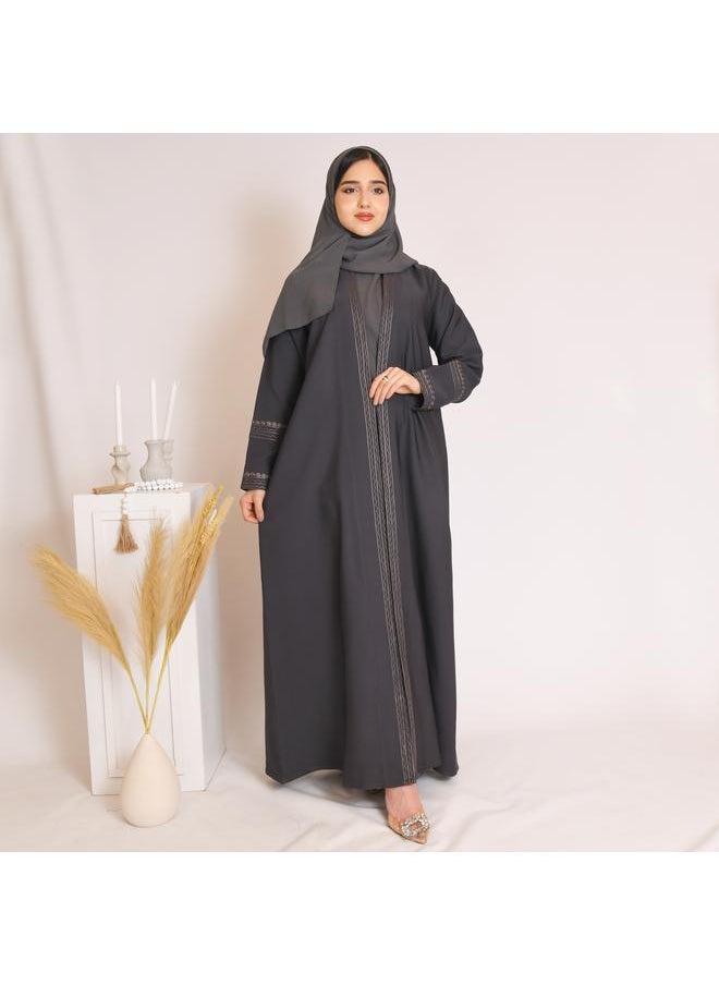 HAWRAA ABAYA - Grey abaya with grey embroidery and a pleat at the back - Image 1