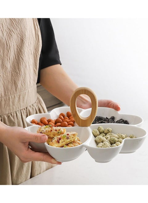 Fruit Dish,Porcelain Candy Dried Fruitstorage Box For Kitchen Livingroom,Decorative Snack Serving Tray With Wood Handle,White Ceramic Appetizer Serving,Heart-Shaped