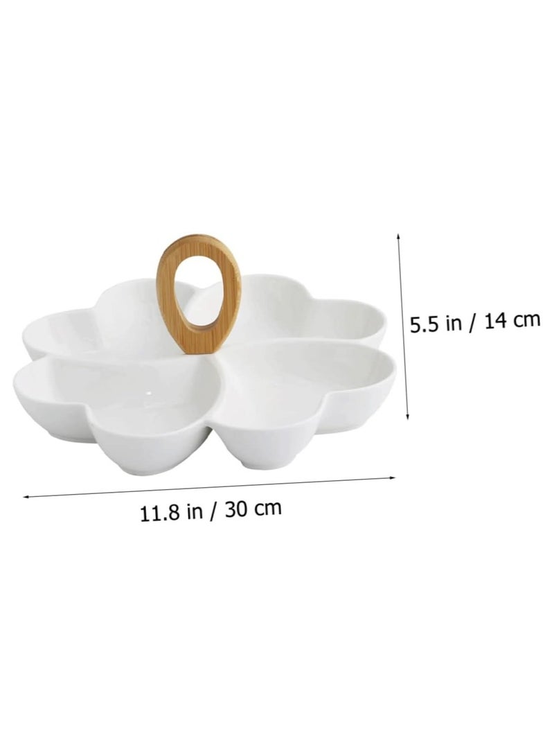 Fruit Dish,Porcelain Candy Dried Fruitstorage Box For Kitchen Livingroom,Decorative Snack Serving Tray With Wood Handle,White Ceramic Appetizer Serving,Heart-Shaped