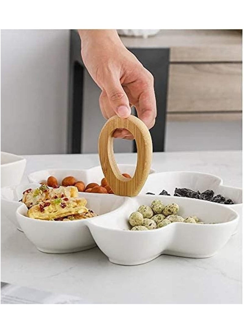Fruit Dish,Porcelain Candy Dried Fruitstorage Box For Kitchen Livingroom,Decorative Snack Serving Tray With Wood Handle,White Ceramic Appetizer Serving,Heart-Shaped