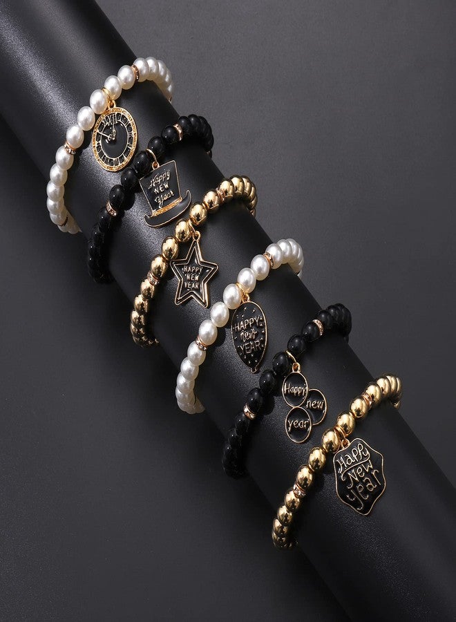 PHALIN Happy New Year Bracelets for Women CCB Pearl Beaded Stretch Bracelets Sparkling Top Hat Clock Star Charms Bracelet New Year's Eve Party Favors Holiday Gifts (6PCS) - Image 3