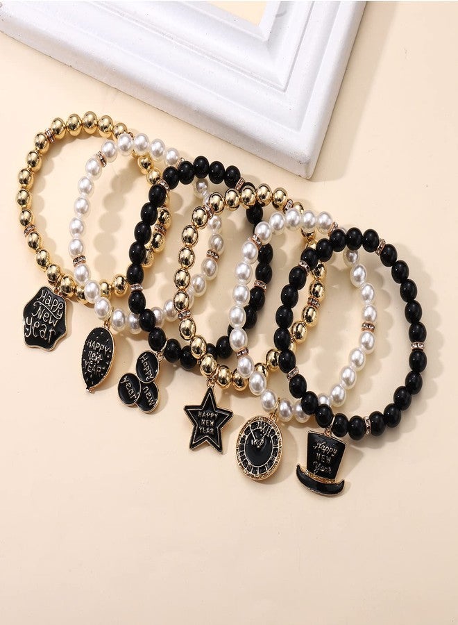 PHALIN Happy New Year Bracelets for Women CCB Pearl Beaded Stretch Bracelets Sparkling Top Hat Clock Star Charms Bracelet New Year's Eve Party Favors Holiday Gifts (6PCS) - Image 2