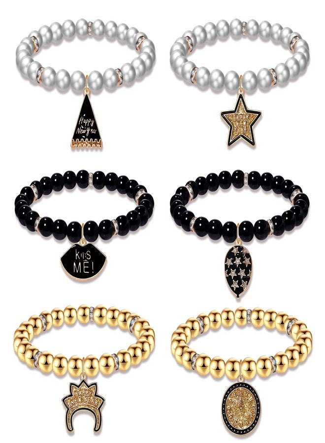 PHALIN Happy New Year Bracelets for Women CCB Pearl Beaded Stretch Bracelets Sparkling Top Hat Clock Star Charms Bracelet New Year's Eve Party Favors Holiday Gifts (6PCS) - Image 1