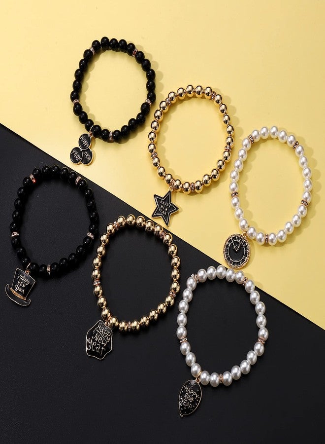 PHALIN Happy New Year Bracelets for Women CCB Pearl Beaded Stretch Bracelets Sparkling Top Hat Clock Star Charms Bracelet New Year's Eve Party Favors Holiday Gifts (6PCS) - Image 4