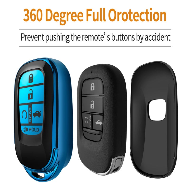 Sindeda for Honda Key fob Cover with Leather Keychain Soft TPU Full Cover Protection,for 2022 2023 2024 2025 Civic Accord HR-V Pilot CR-V,5-Buttons Key Fob Shell(Blue) - Image 4
