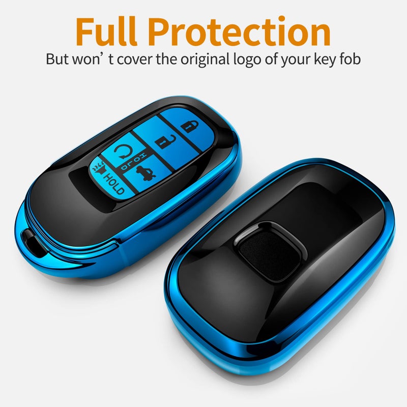 Sindeda for Honda Key fob Cover with Leather Keychain Soft TPU Full Cover Protection,for 2022 2023 2024 2025 Civic Accord HR-V Pilot CR-V,5-Buttons Key Fob Shell(Blue) - Image 3
