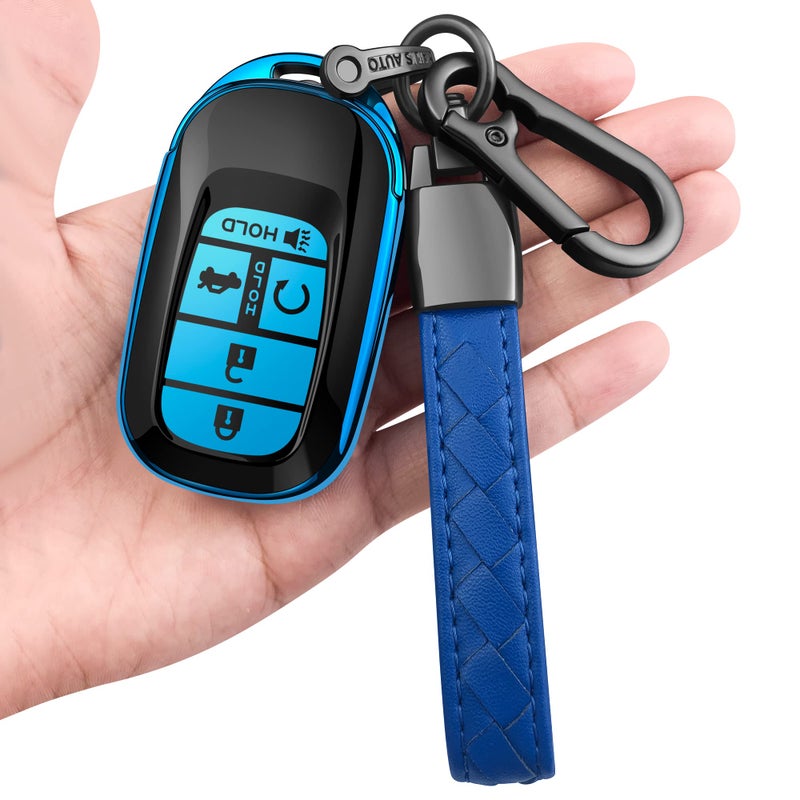 Sindeda for Honda Key fob Cover with Leather Keychain Soft TPU Full Cover Protection,for 2022 2023 2024 2025 Civic Accord HR-V Pilot CR-V,5-Buttons Key Fob Shell(Blue) - Image 1