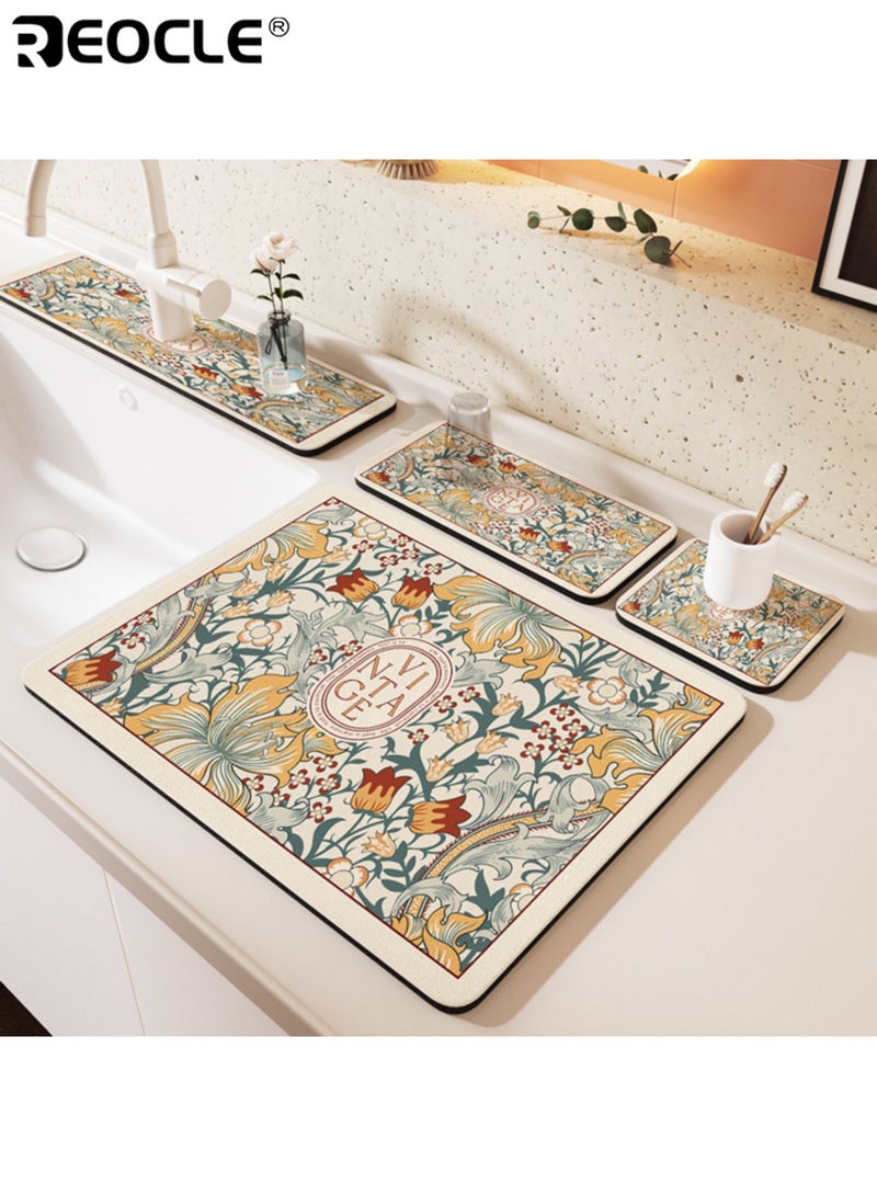 REOCLE Diatomite Dish Drying Mat with Floral Pattern and Quick Dry Design Washable Kitchen Mat with Non-Slip Base for Countertop Utensil Drying - Image 3